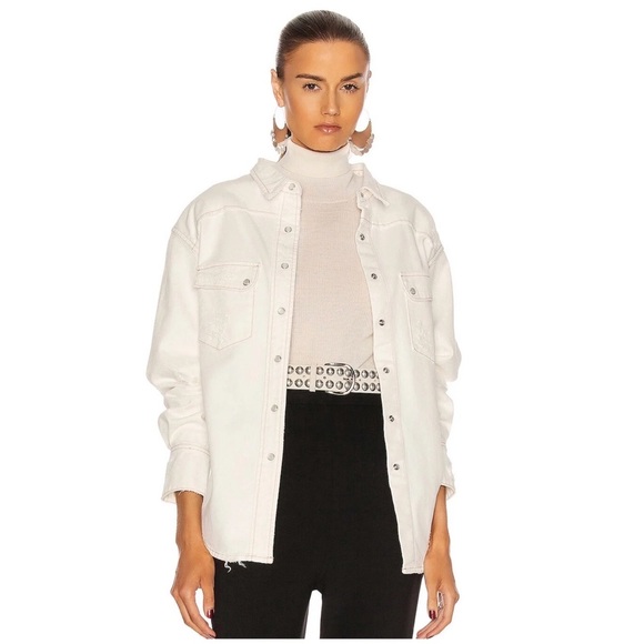 RETROFÊTE Dora Distressed Denim Shirt Jacket - Vintage White - Picture 2 of 10
